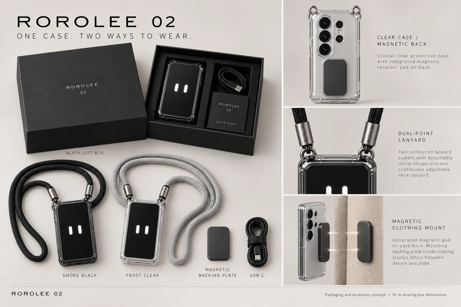 Rorolee black square box, clear case, dual-point lanyard and magnetic clothing mount